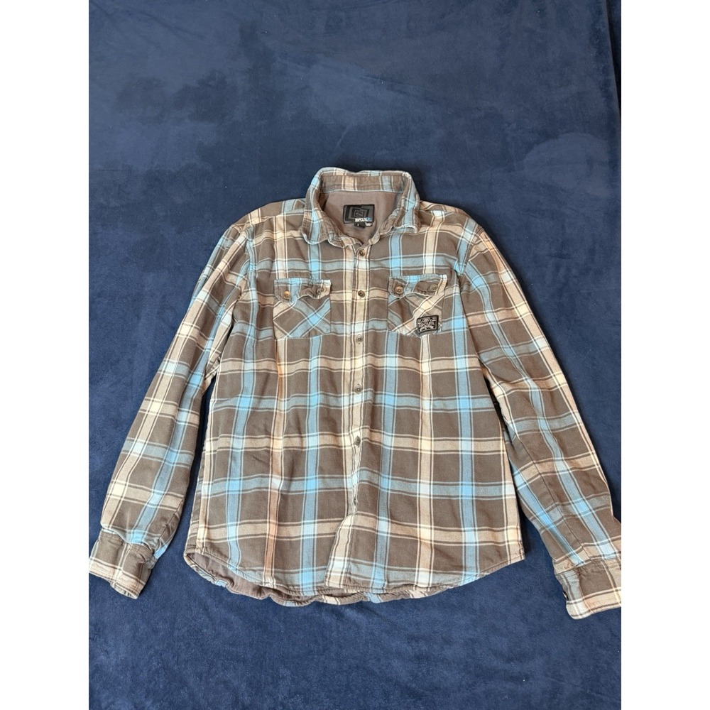 Rip Curl Lined Flannel Jacket Mens Large Blue Brown Plaid Y2K Surf Shirt Jacket